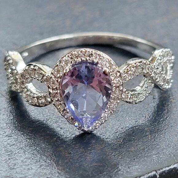Elegant Rhodium-Plated Size 9 Pear-Shaped Violet Gemstone Ring - Picture 6 of 11